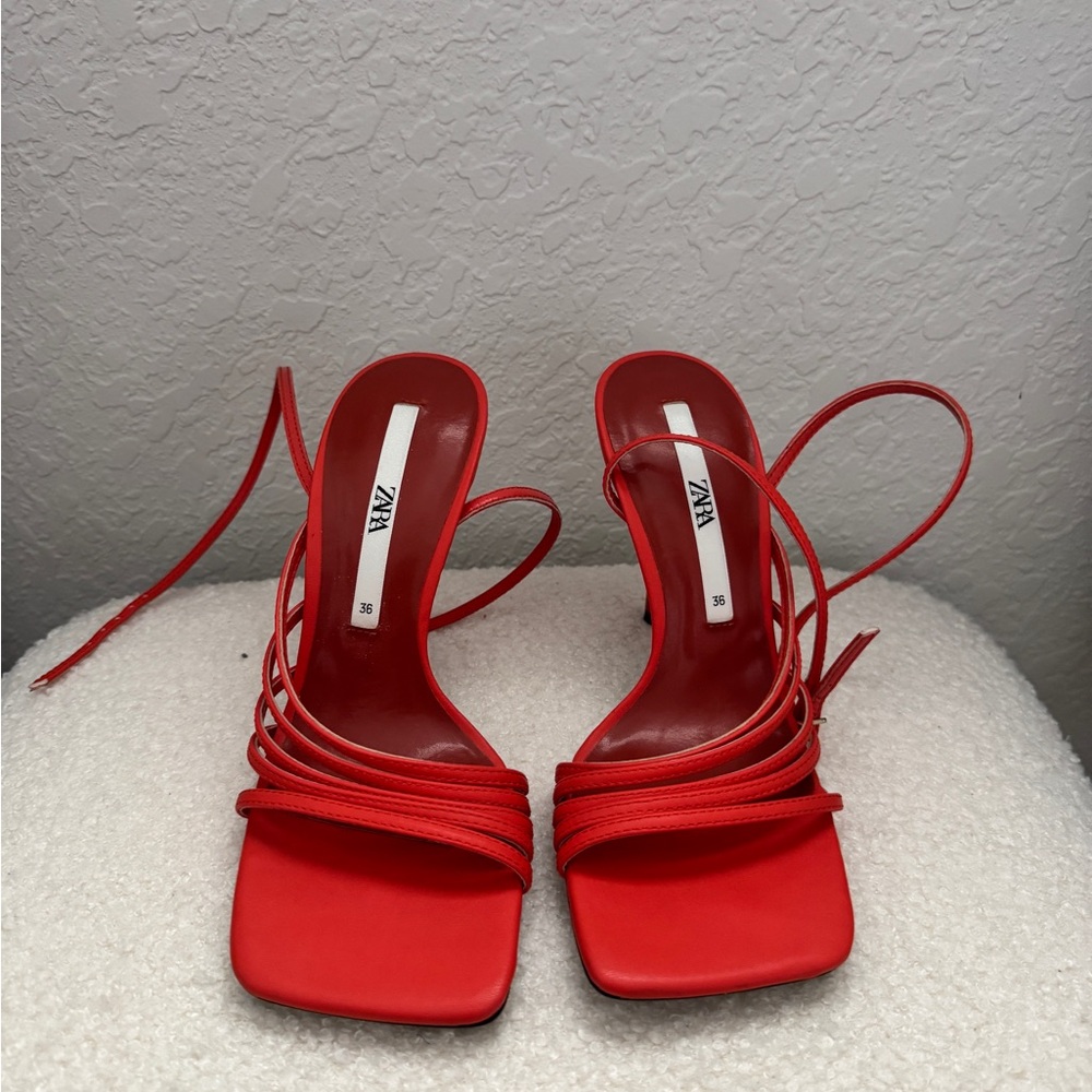 Zara Orange-Red Lace-Up Heeled Sandals — New / Never Worn